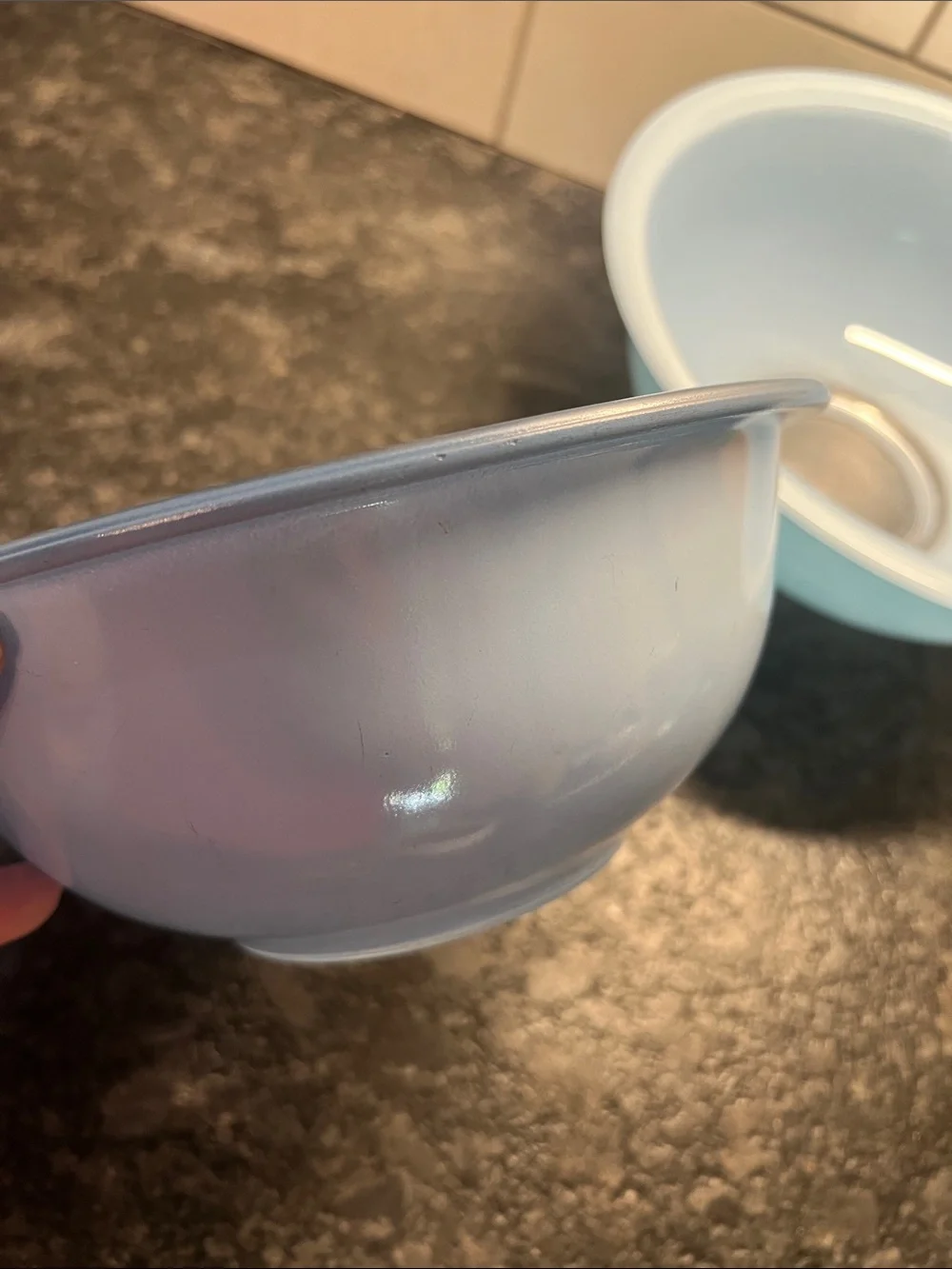 Set of 2 Pyrex Blue Mixing Bowls in Light Blue and Sky Blue. 325 and 323 sizes.